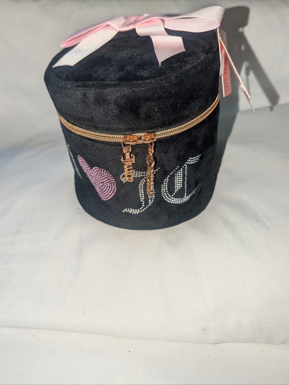 Juicy Couture NWT Black Velvet Cosmetic Case with Pink Bow and Rhinestones